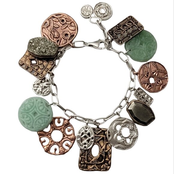 Silpada Sterling Silver Asian Element, Copper Bronze Coin Jade Charm Bracelet - Picture 1 of 6